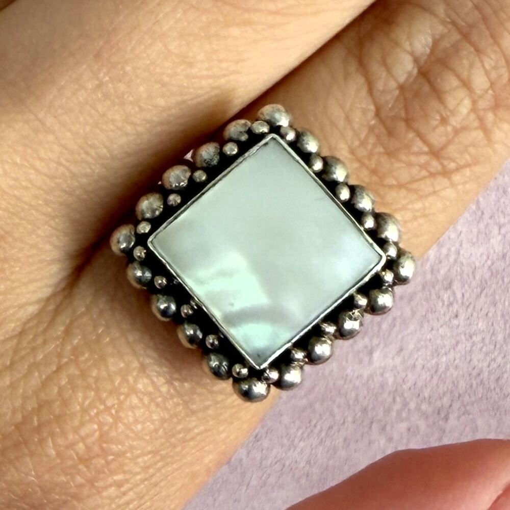 sterling silver vintage beaded mother of pearl square ring size 8.5